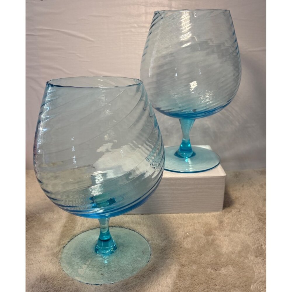 Aqua Blue Swirl Glass Goblets Vase Centerpiece Empoli Style Huge 10" Hand Blown